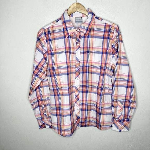 Columbia Tops - Columbia Kick Fix Plaid Long Sleeve Shirt‎ Orange Pink Insect Block Womens Large